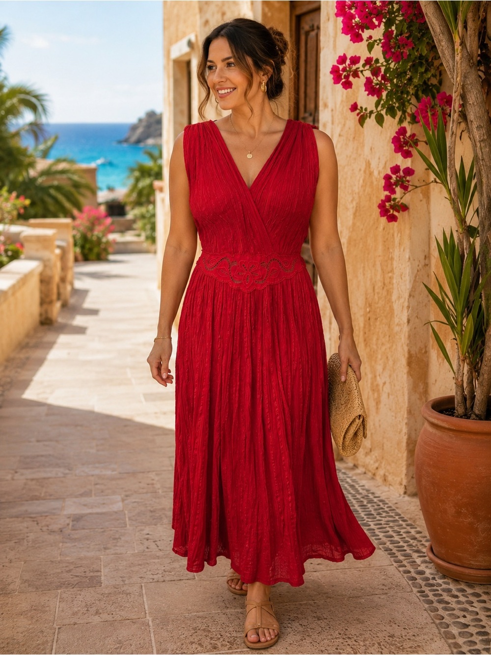 Red Embroidered Eyelet Surplice Midi Dress XL Made in Greece